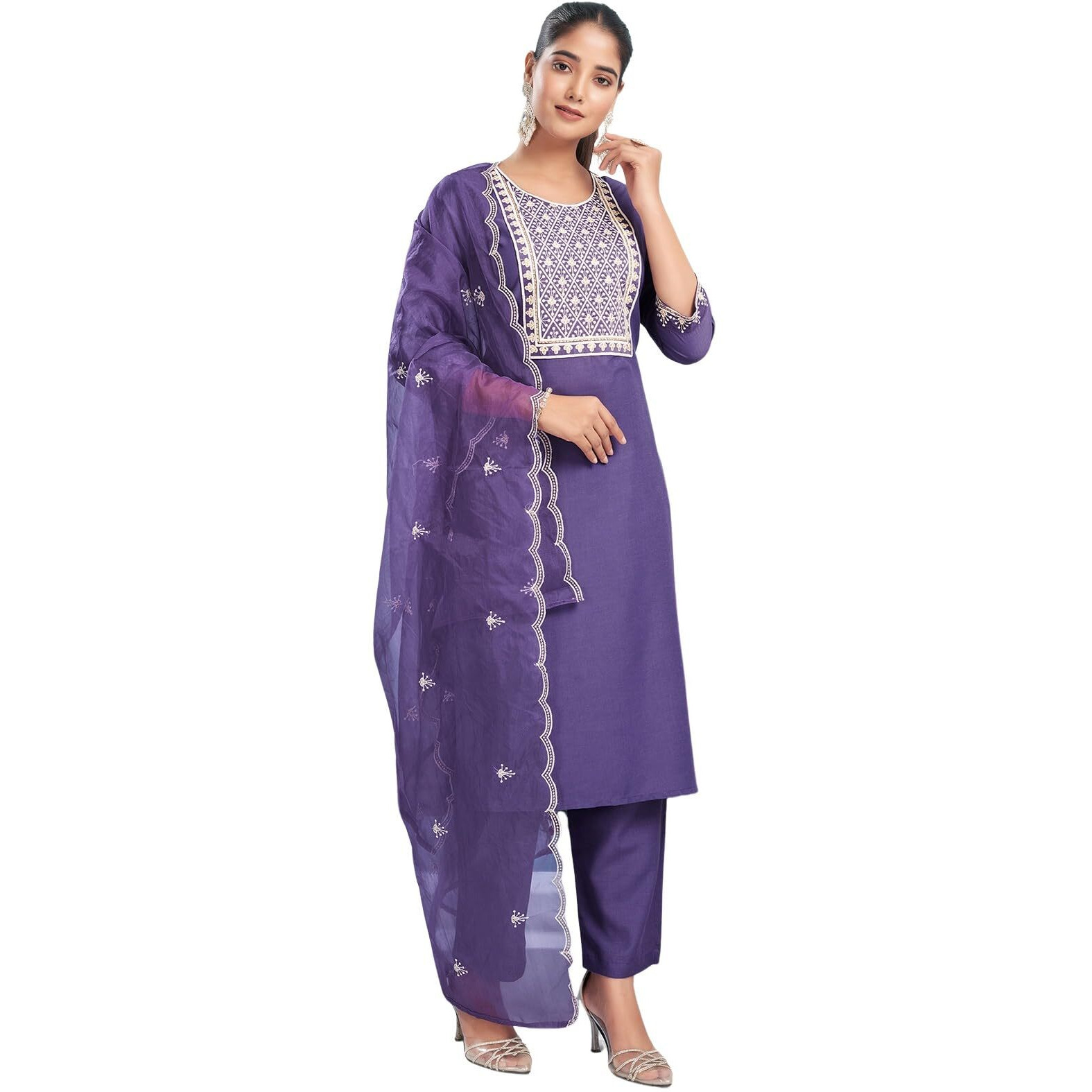 Sanisa Women's Muslin Embroidery Work Straight Kurta With Pant And Dupatta Set (162Kbd1742N-Xxl_Ultra Violet)