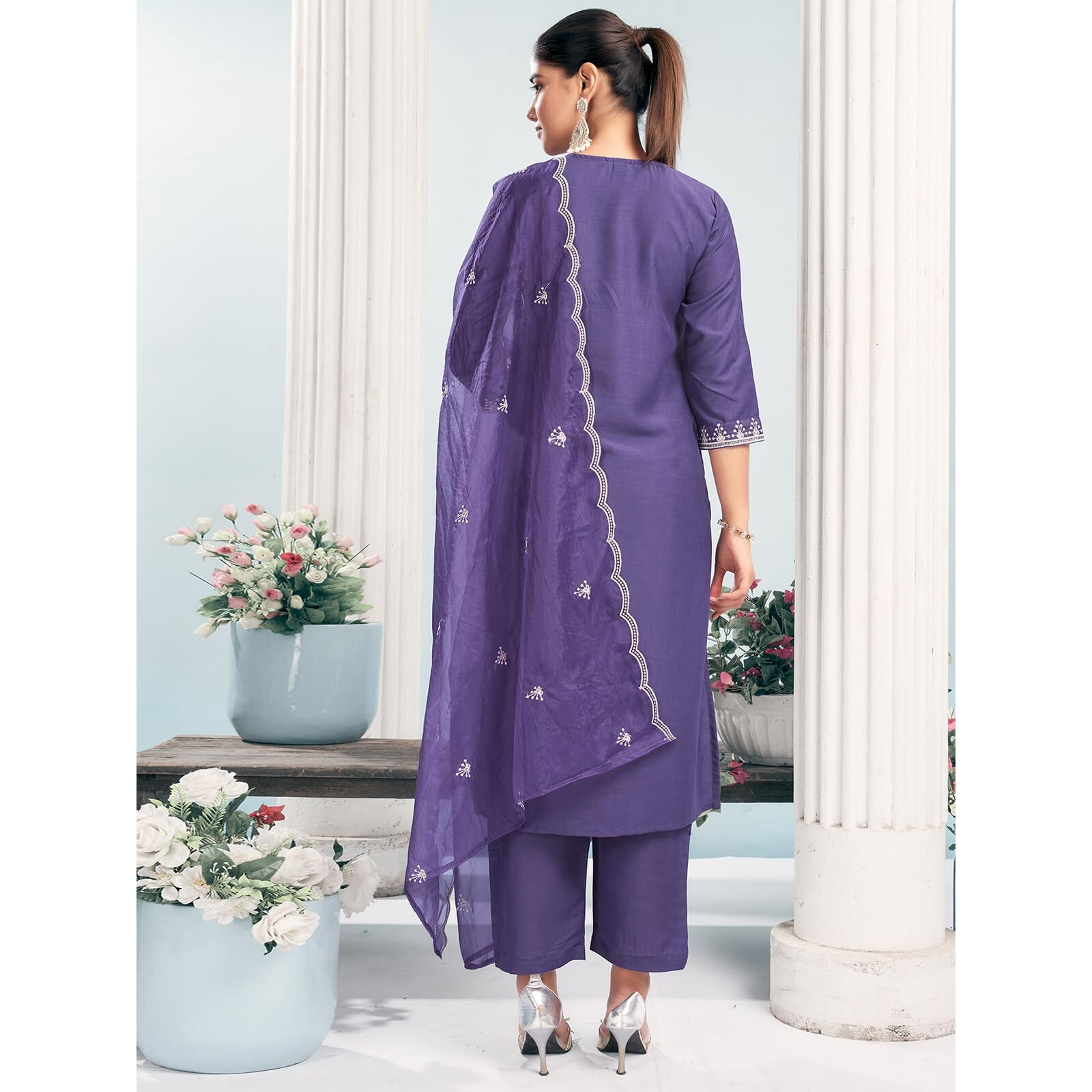 Sanisa Women's Muslin Embroidery Work Straight Kurta With Pant And Dupatta Set (162Kbd1742N-Xxl_Ultra Violet)