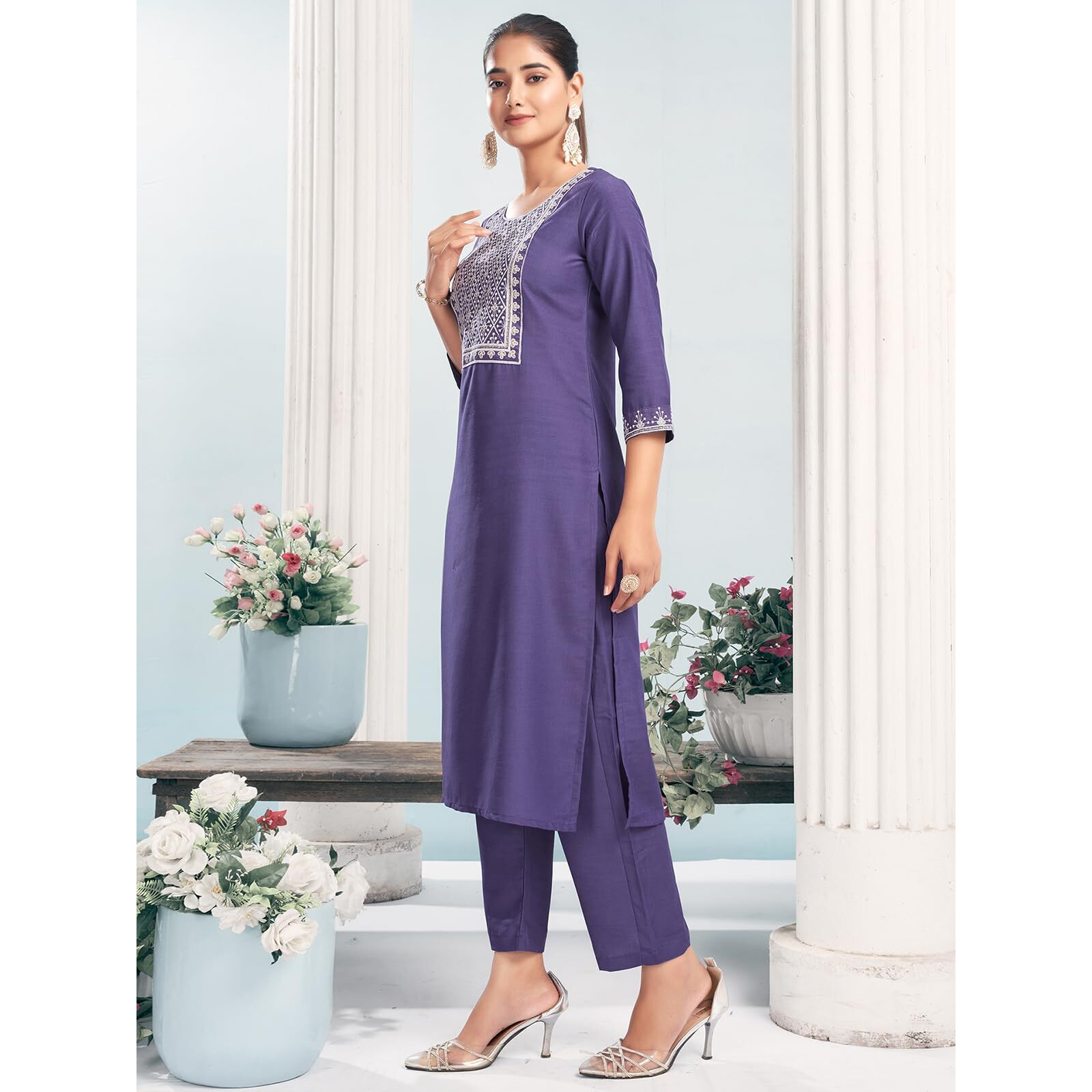 Sanisa Women's Muslin Embroidery Work Straight Kurta With Pant And Dupatta Set (162Kbd1742N-Xxl_Ultra Violet)
