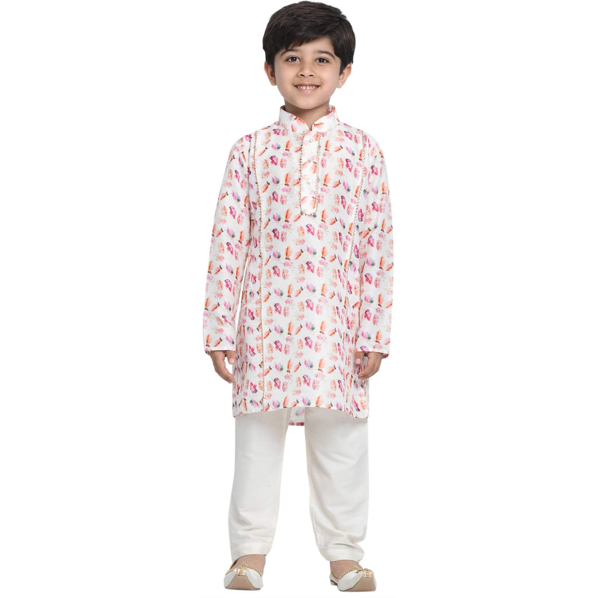 Vastramay Boys White Linen Cotton Kurta Set For Independence Day Celebrations- Digital Floral Print Ethnic Wear With Mandarin Collar