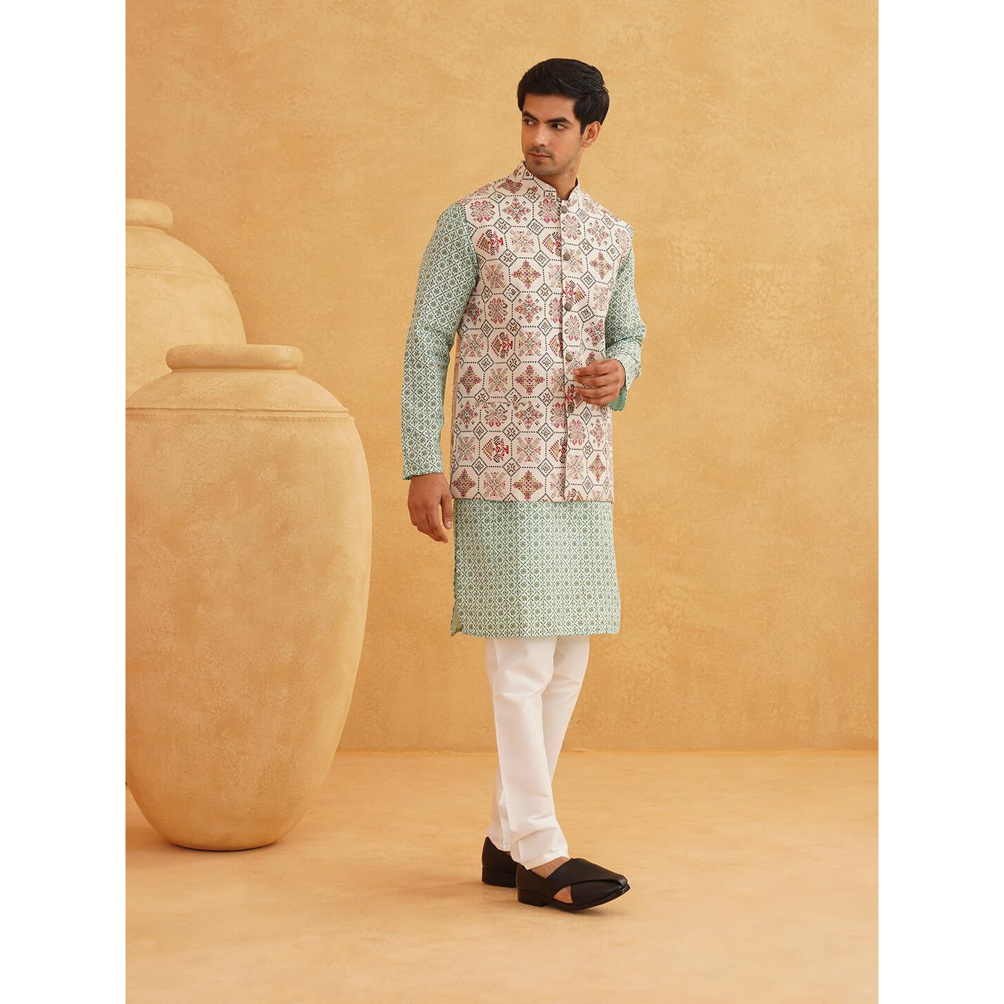 Sojanya (Since 1958 Men's Cotton Linen Sea Green Kurta And White Pyjama With Cream Cotton Nehru Jacket