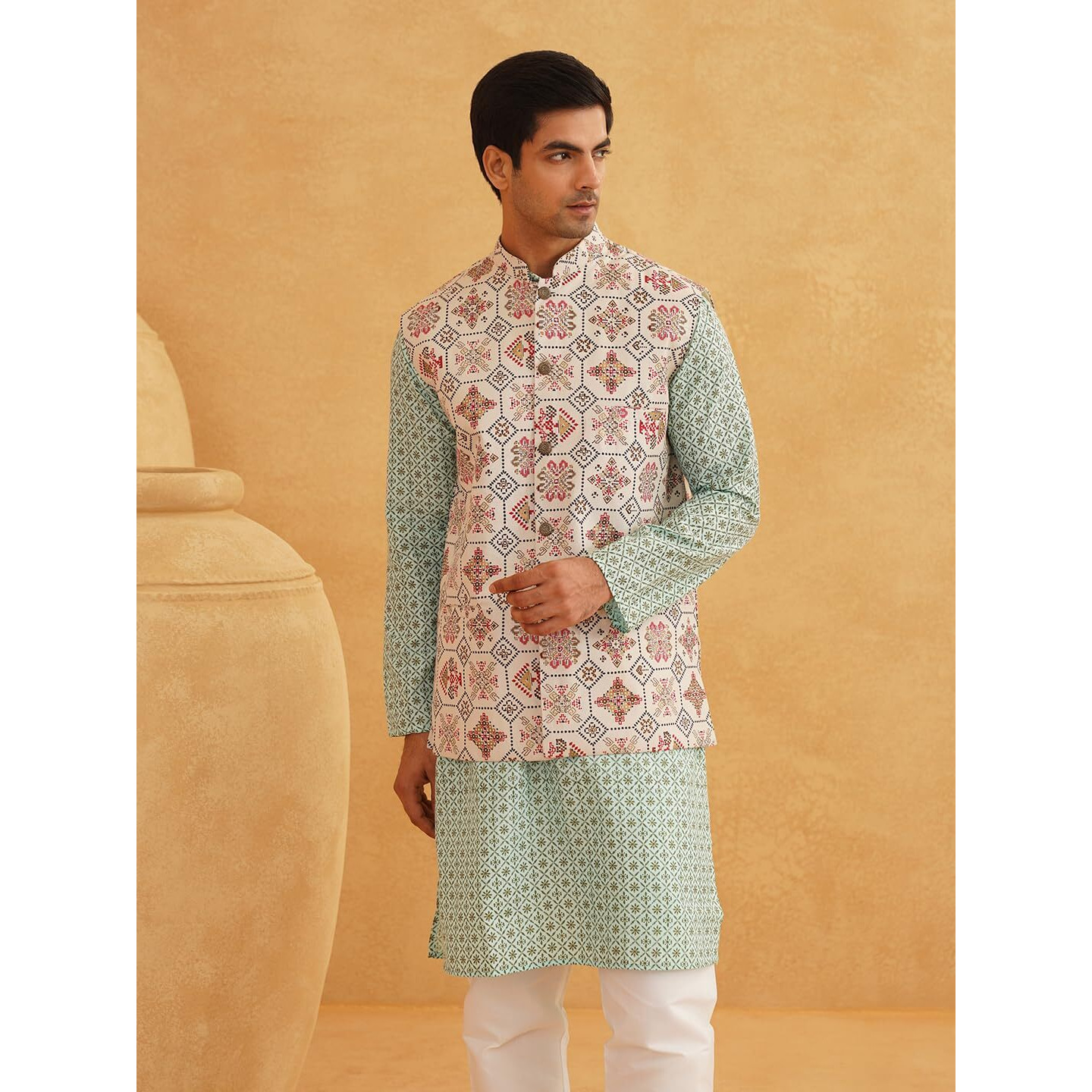 Sojanya (Since 1958 Men's Cotton Linen Sea Green Kurta And White Pyjama With Cream Cotton Nehru Jacket