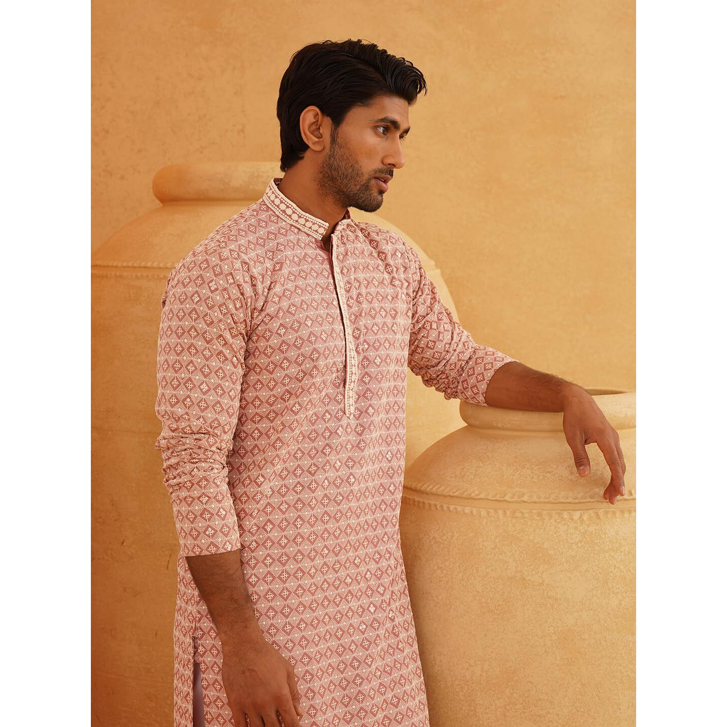 Sojanya (Since 1958 Men's Cotton Contrast Embroidered Sequinned Peach Long Kurta Size 44