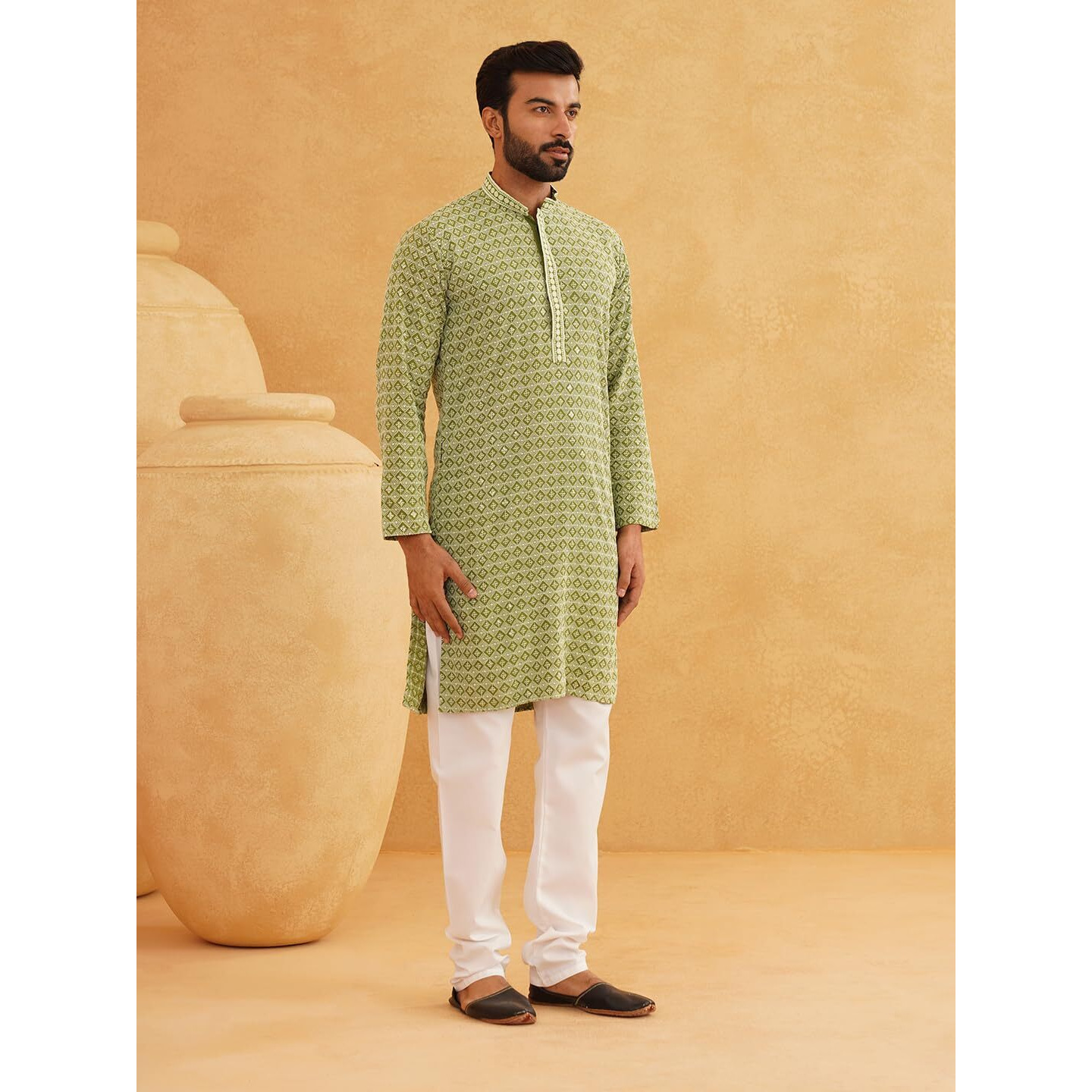 Sojanya (Since 1958 Men's Cotton Gold Embroidered Sequinned Pista Kurta With White Churidar Pyjama
