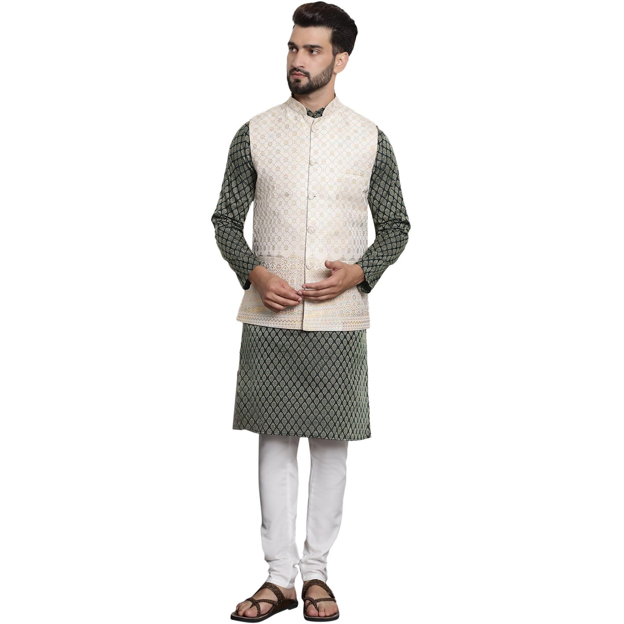 Sojanya (Since 1958 Men's Jacquard Silk Dgreen Kurta And Off-White Pyjama With Cream Nehru Jacket