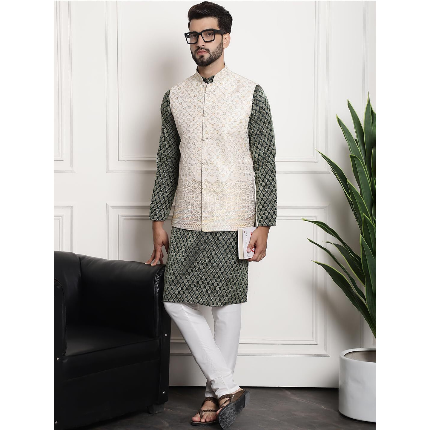 Sojanya (Since 1958 Men's Jacquard Silk Dgreen Kurta And Off-White Pyjama With Cream Nehru Jacket
