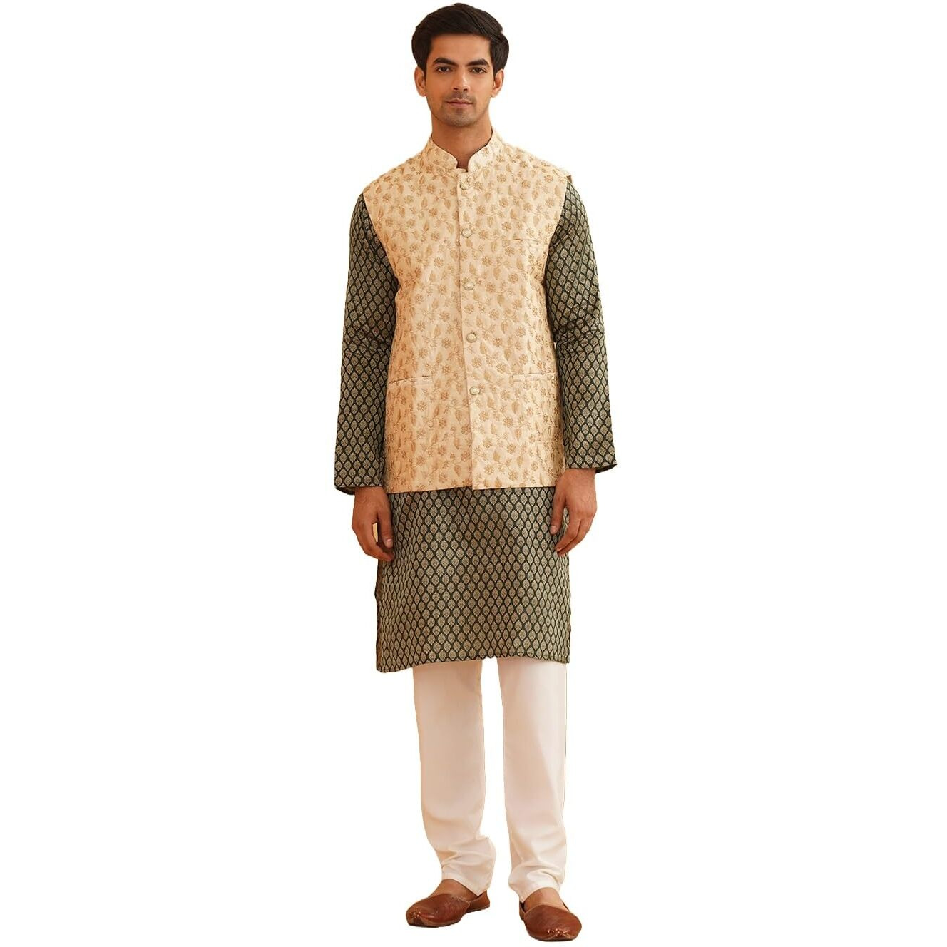 Sojanya (Since 1958 Men's Silk Blend Dark Green Self Design Kurta & Beige Embroidery Nehru Jacket With Off-White Churidaar Pyjama