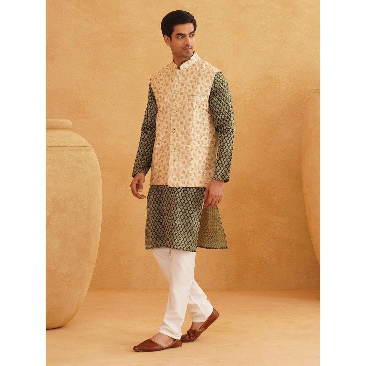 Sojanya (Since 1958 Men's Silk Blend Dark Green Self Design Kurta & Beige Embroidery Nehru Jacket With Off-White Churidaar Pyjama