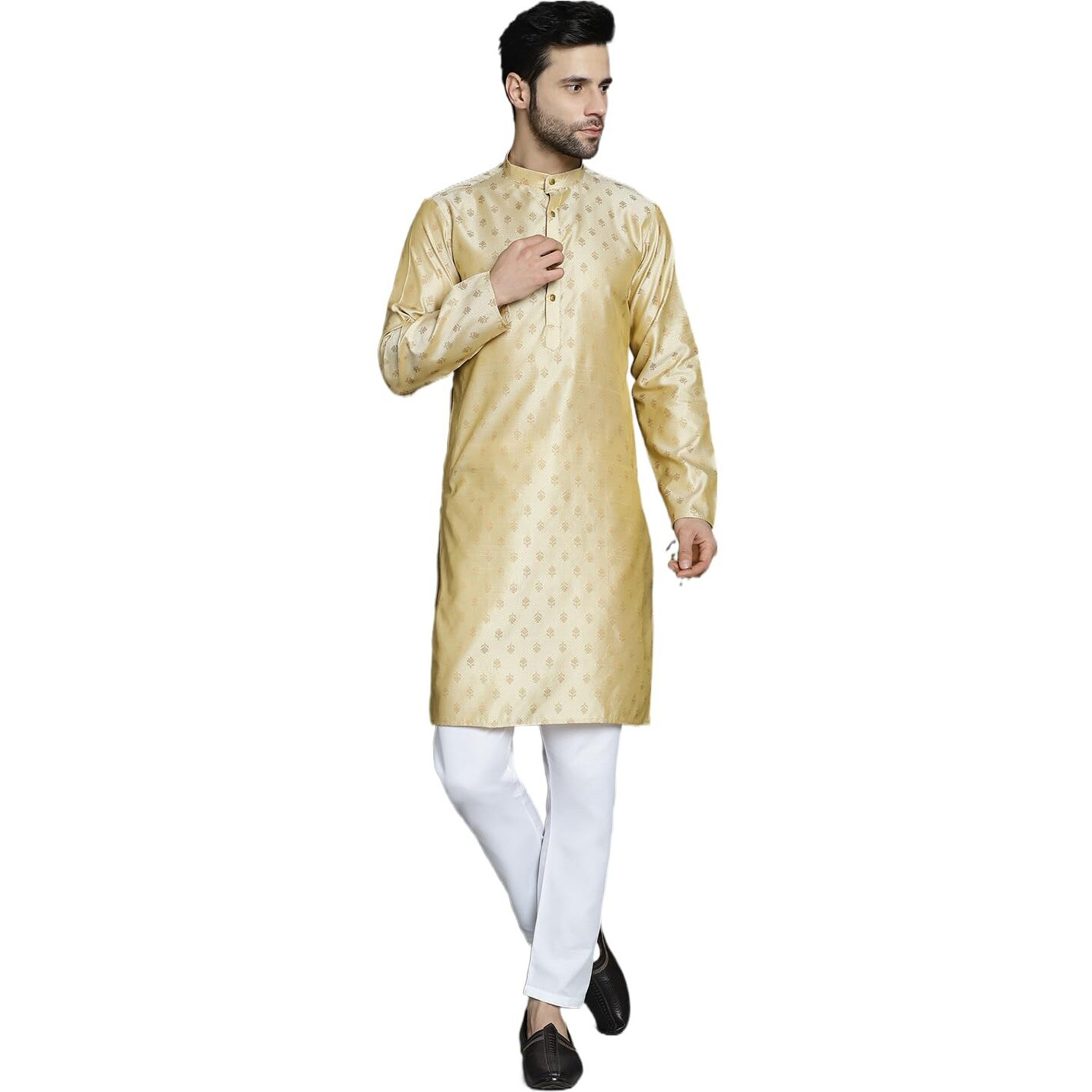 Jompers Men's Golden Woven Design Silk Blend Kurta With Pyjama (Golden, S)