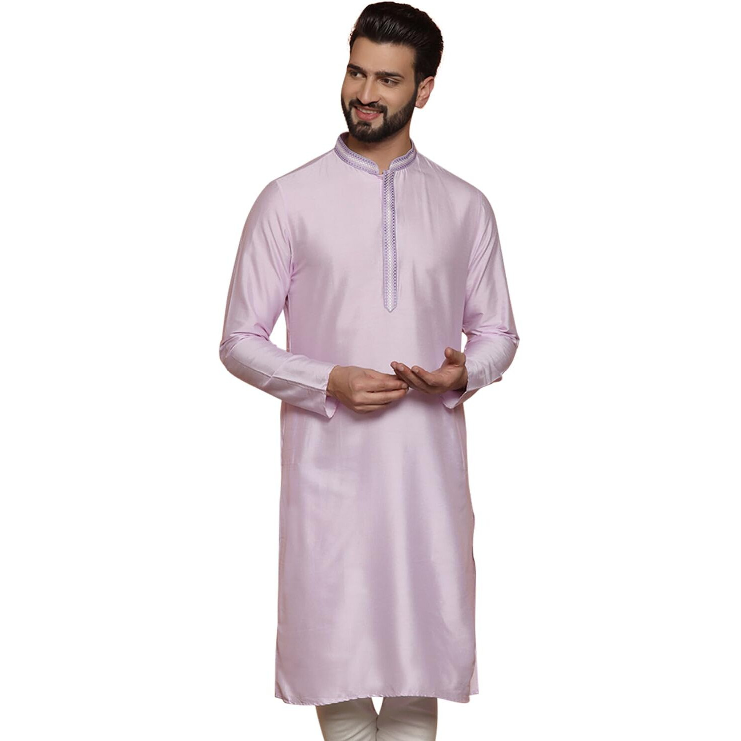 Kisah Men Lavender Kurta, Cotton, Full Sleaves, Knee Length, Straight, Regular Fit, Mandarin Collar Ethnic Wear