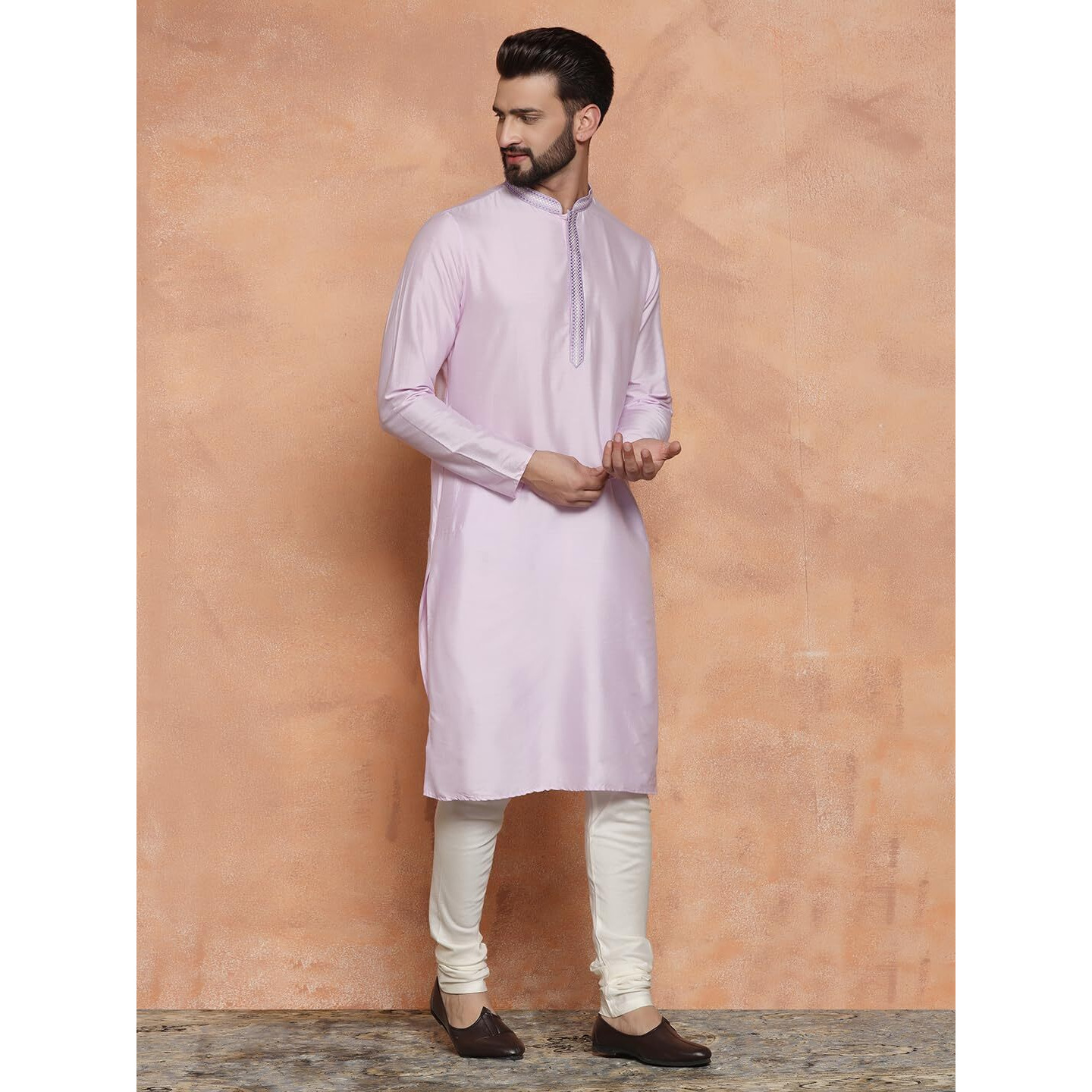 Kisah Men Lavender Kurta, Cotton, Full Sleaves, Knee Length, Straight, Regular Fit, Mandarin Collar Ethnic Wear