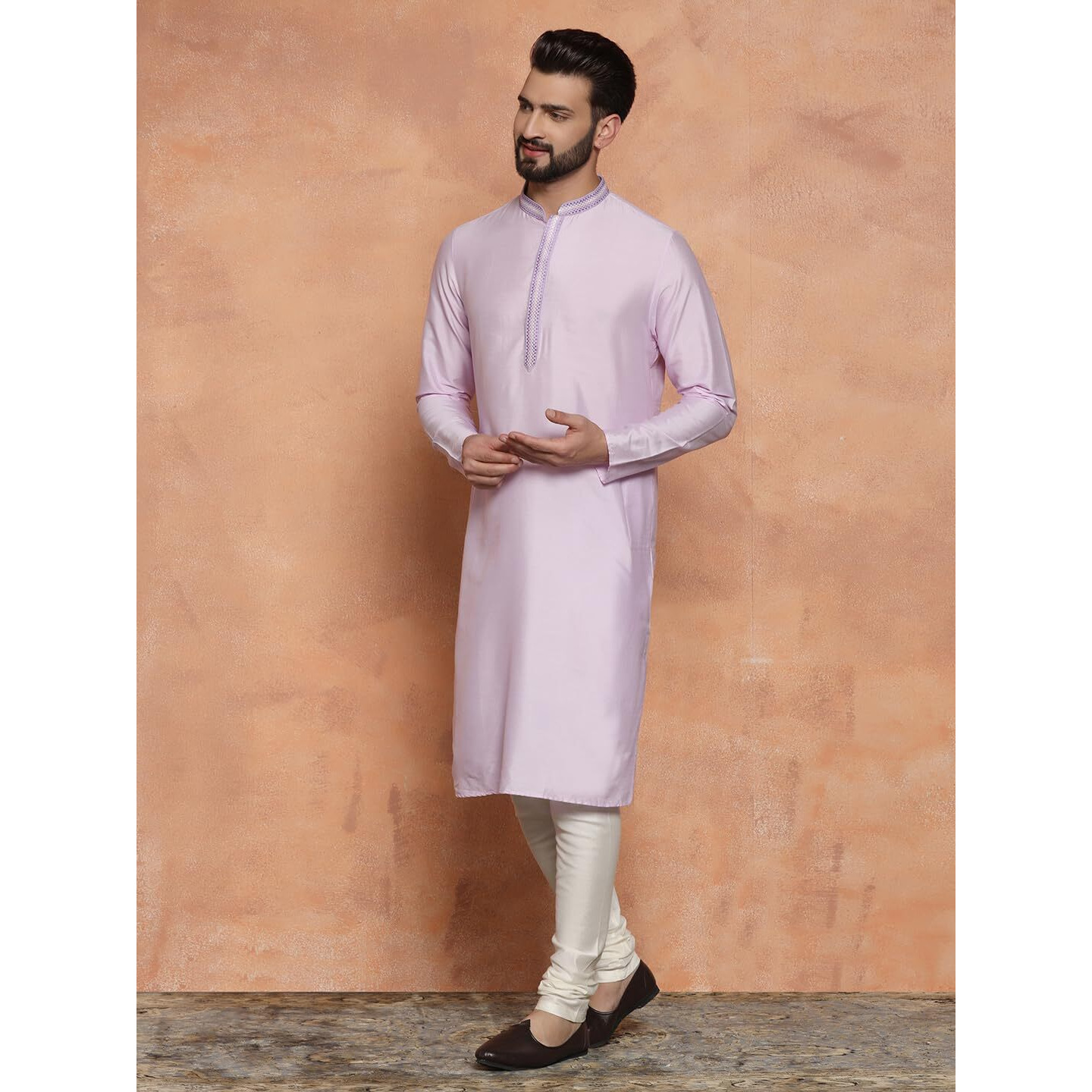 Kisah Men Lavender Kurta, Cotton, Full Sleaves, Knee Length, Straight, Regular Fit, Mandarin Collar Ethnic Wear
