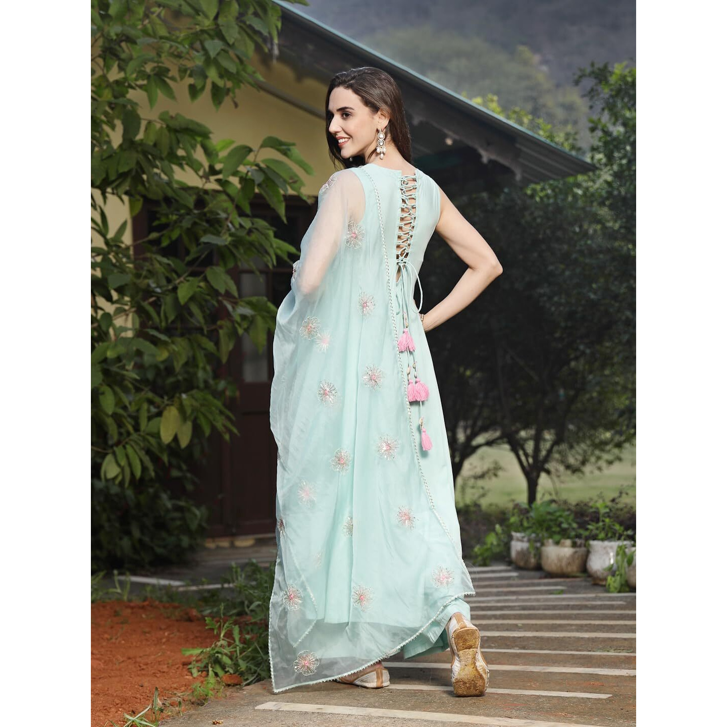 Stylum Women's Solid & Embellished Rayon Flared Kurta Palazzo Dupatta Set (Kpdskypurvi42_Sky Blue, Xl)