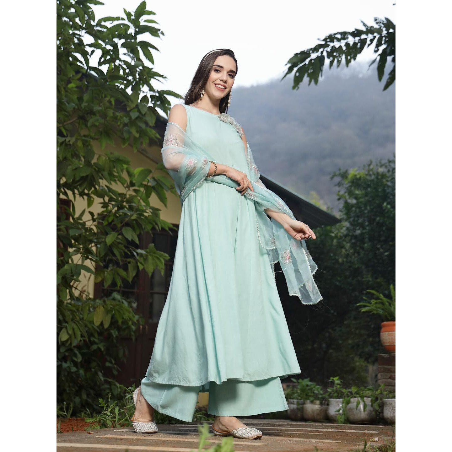 Stylum Women's Solid & Embellished Rayon Flared Kurta Palazzo Dupatta Set (Kpdskypurvi42_Sky Blue, Xl)