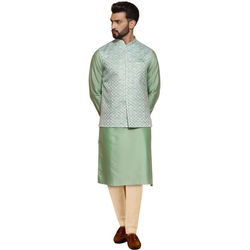 Kisah Mens Kurta Jacket Trouser Set, Satin Embroidered Mandarin Collar Long Sleeves, Green Ethnic Wear Set For Men, 42