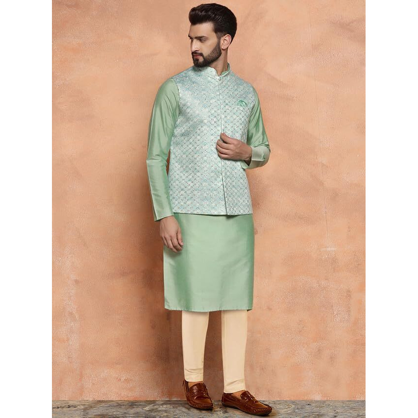 Kisah Mens Kurta Jacket Trouser Set, Satin Embroidered Mandarin Collar Long Sleeves, Green Ethnic Wear Set For Men, 42
