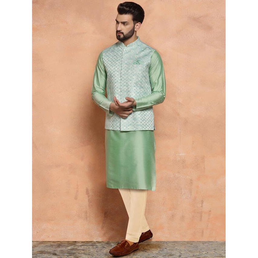 Kisah Mens Kurta Jacket Trouser Set, Satin Embroidered Mandarin Collar Long Sleeves, Green Ethnic Wear Set For Men, 42
