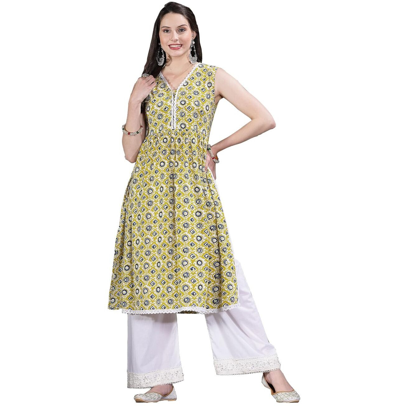 Stylum Women's Geometric Printed Cotton Pleated Kurta (Brazil34_Yellow, Xs)