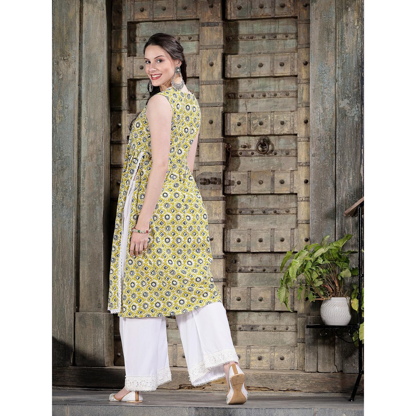 Stylum Women's Geometric Printed Cotton Pleated Kurta (Brazil34_Yellow, Xs)