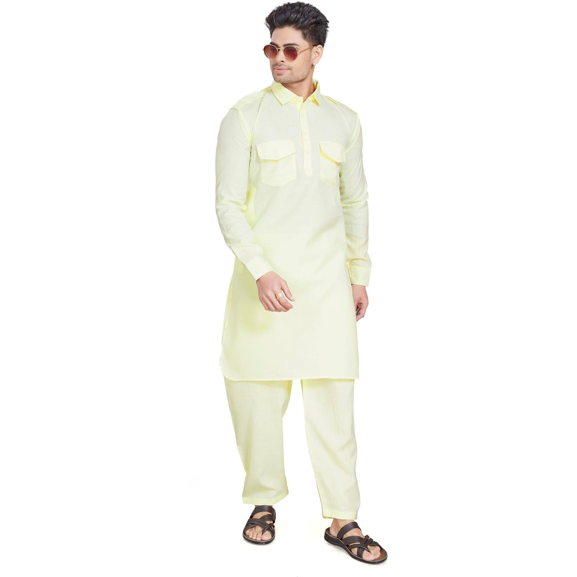 Divisive Men's Cotton Blend Pathani Kurta Pyjama Set (Dkrt453_L_Yellow)