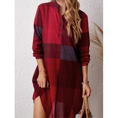 Leriya Fashion Western Dress || Rayon Color Block Half Button Front Dress For Women || Long Cuff Sleeve & Stand Collared Neck Tunic Dress || Office || Summer Dresses For Women. (Large, Red)
