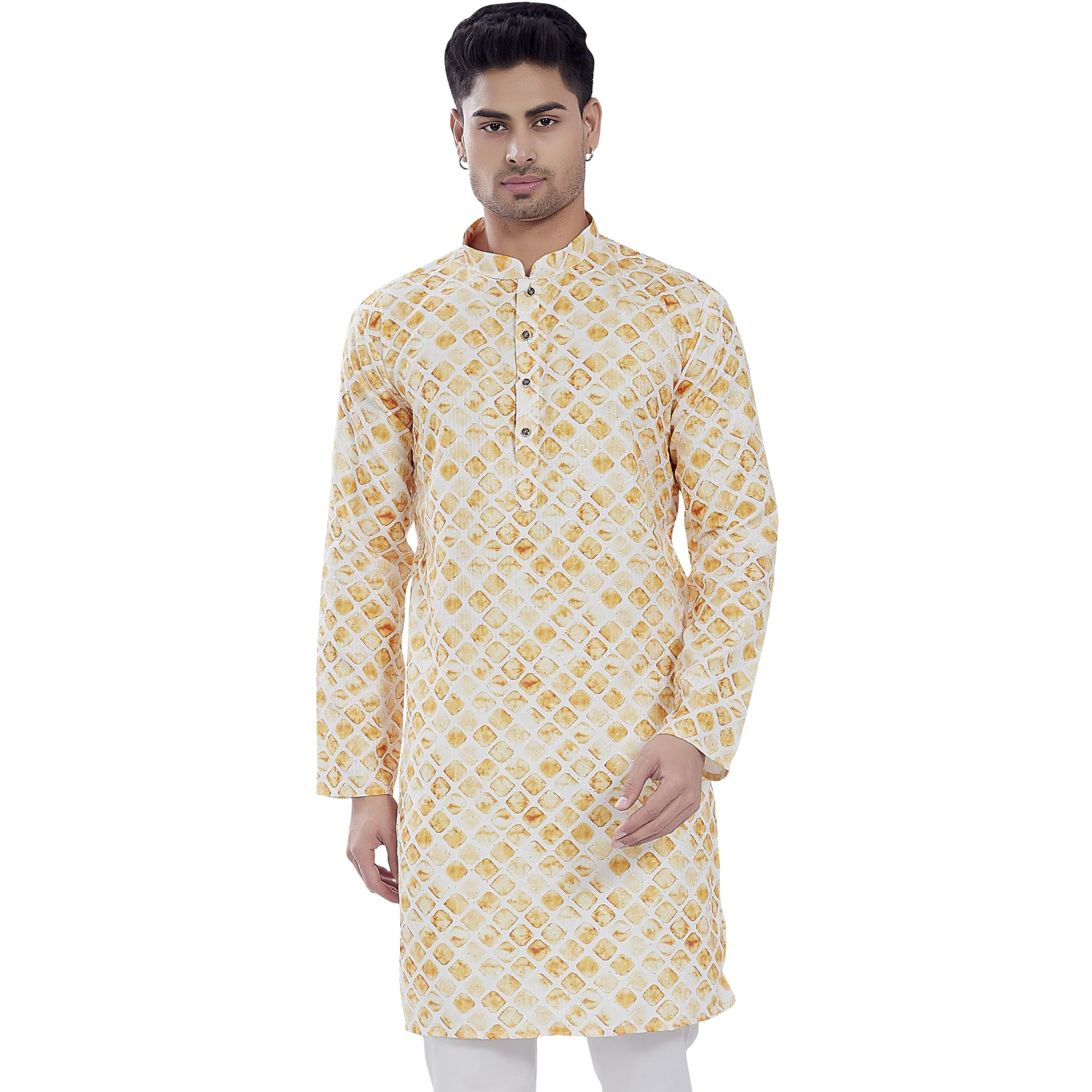 Divisive Men's Sequince Embroidered Printed Cotton Blend Only Slim Fit Kurta (Dkrt683_M_Cream Yellow)