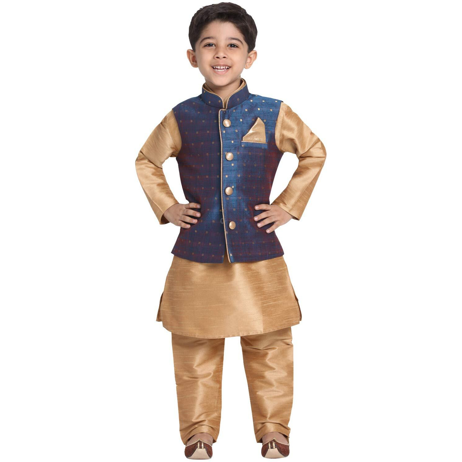 Vastramay Boys' Deep Blue Cotton Silk Blend Boys Nehru Modi Jacket Kurta & Pyjama Set - (Vasnbj009Bunbkrg001Nprg) For 5-6 Years