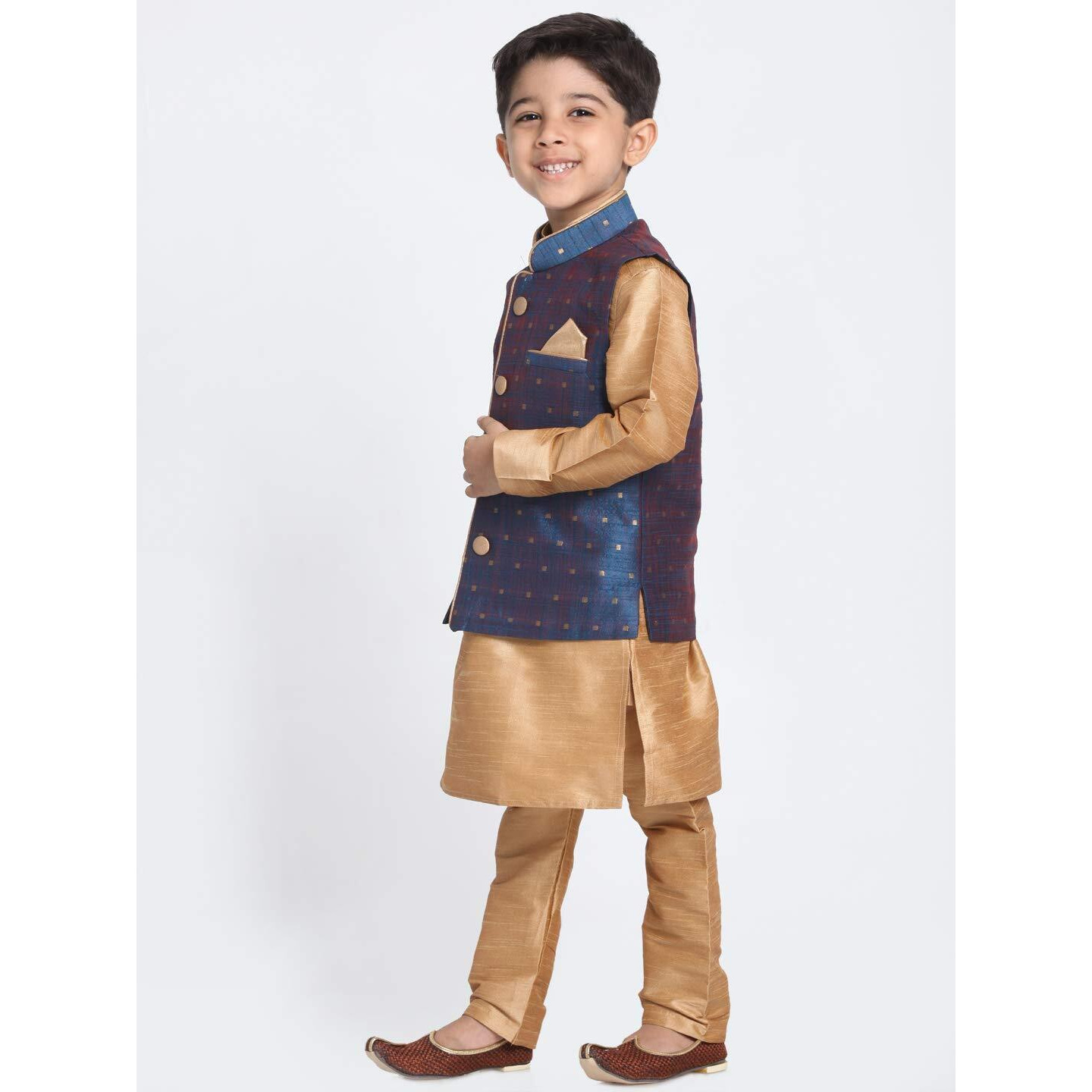 Vastramay Boys' Deep Blue Cotton Silk Blend Boys Nehru Modi Jacket Kurta & Pyjama Set - (Vasnbj009Bunbkrg001Nprg) For 5-6 Years