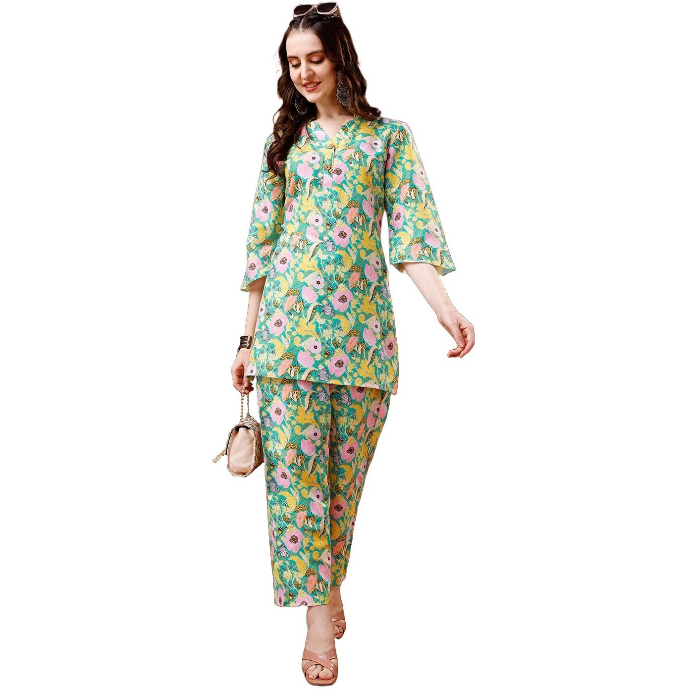 Lookmark Women's Trendy Printed Cotton Blend Straight Light Green Color Kurta And Palazzo Set (Ks2075-M)