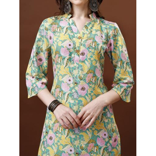 Lookmark Women's Trendy Printed Cotton Blend Straight Light Green Color Kurta And Palazzo Set (Ks2075-M)
