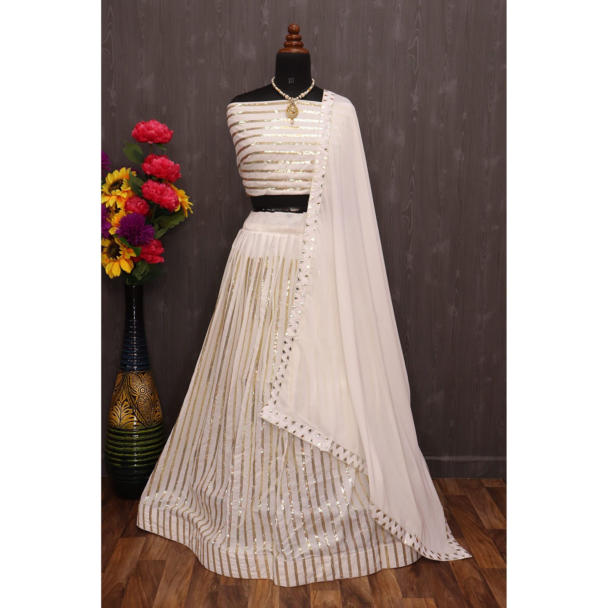 Fashion Basket Women Georgette Semi-Stitched Lehenga Choli (Fb-Lh-L8018_White_Free Size)