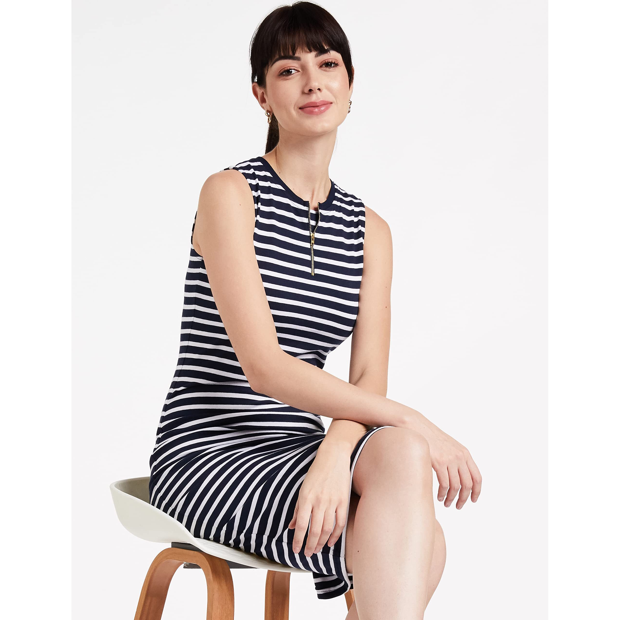 Miss Chase Women's Comfortable Sleeveless Striped Midi Bodycon Dress With Zipper | 3 Colors(Mcss17D07-87-21-04,Navy And White,Medium)