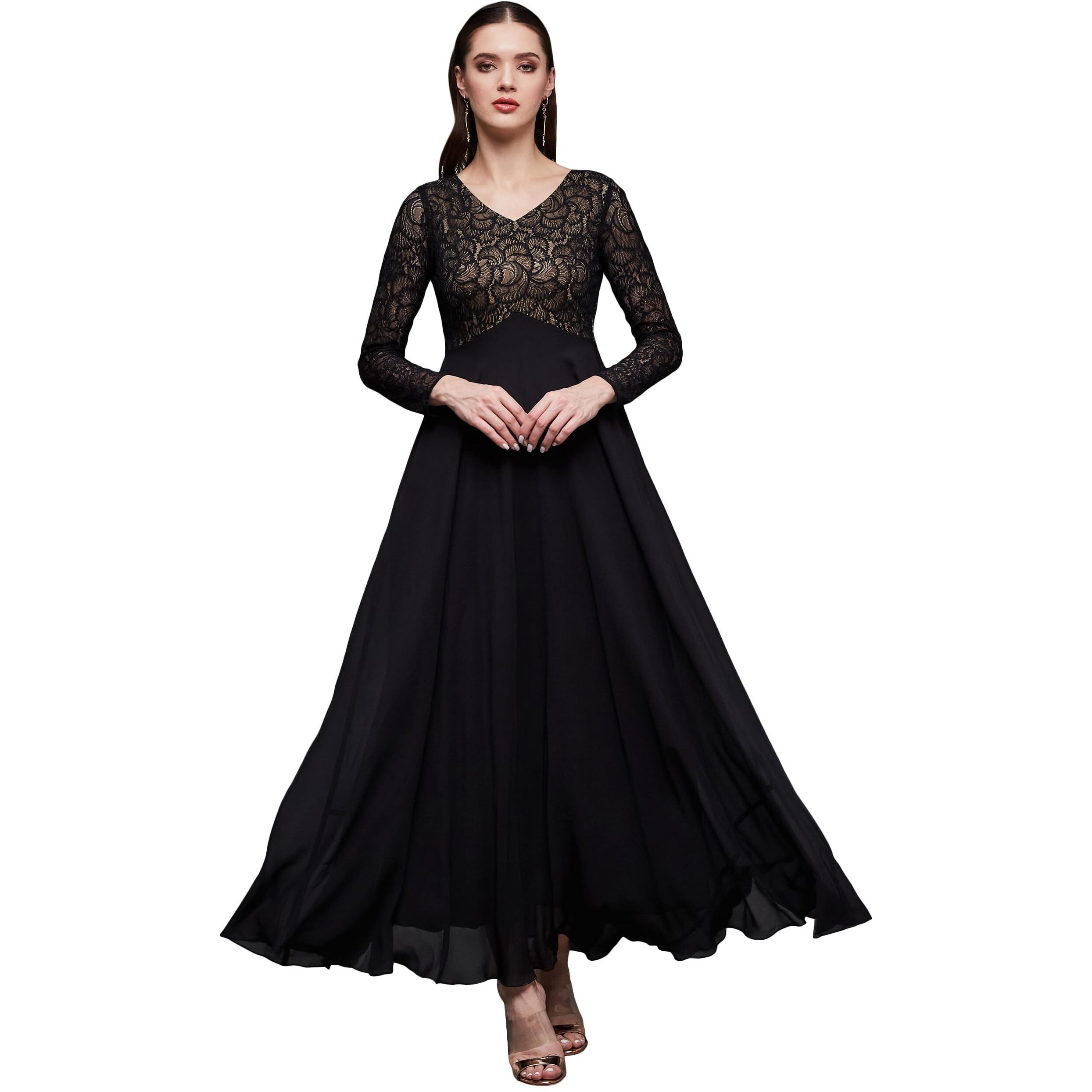 Miss Chase Women's V-Neck Full Sleeve Self Design Lace Overlaid Maxi Dress With Pockets (Plus (Mcaw23D13-85-62-02, Black, Xs)