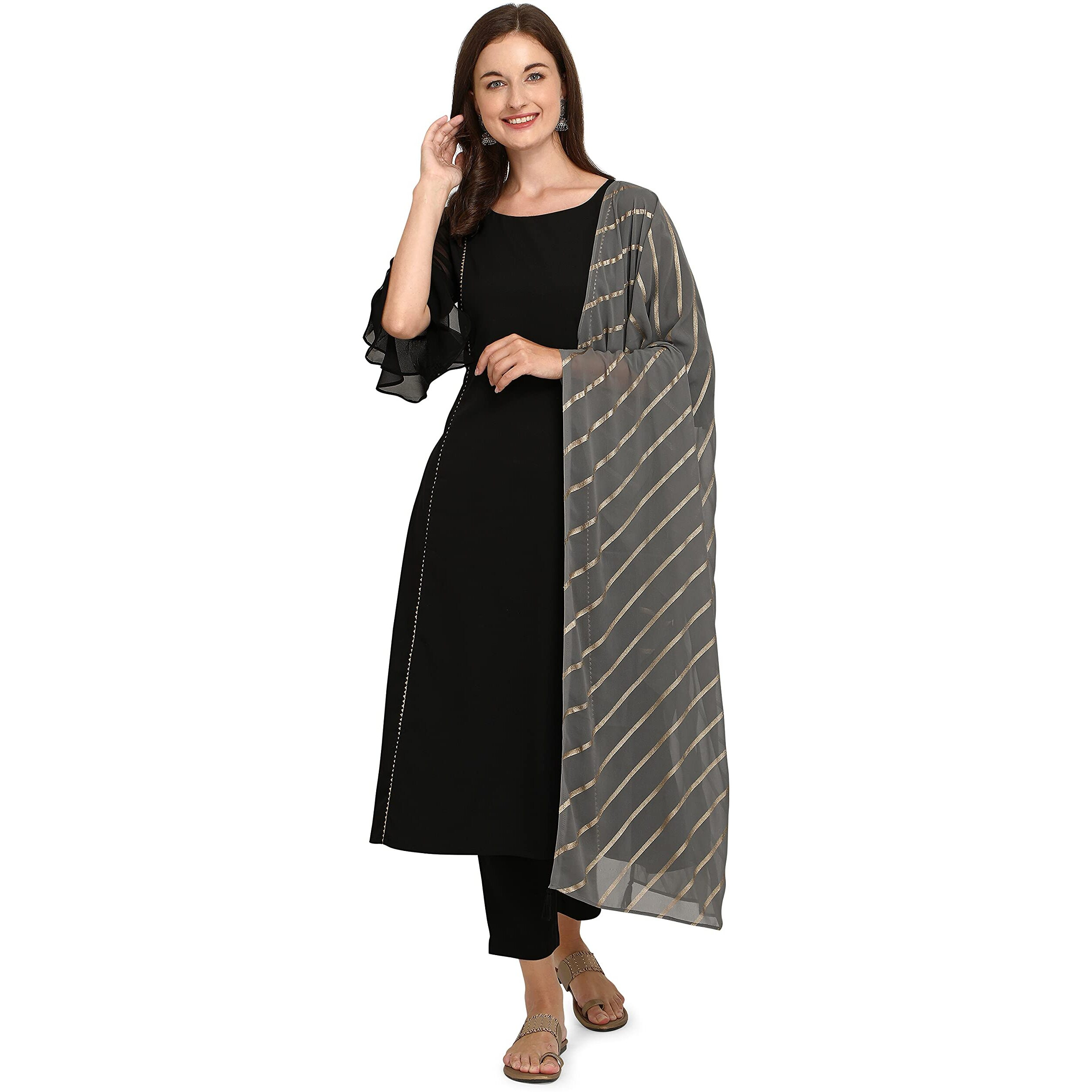 Fiorra Women's Black Poly Crepe A-Line Kurta With Pant And Dupatta Set0012-L