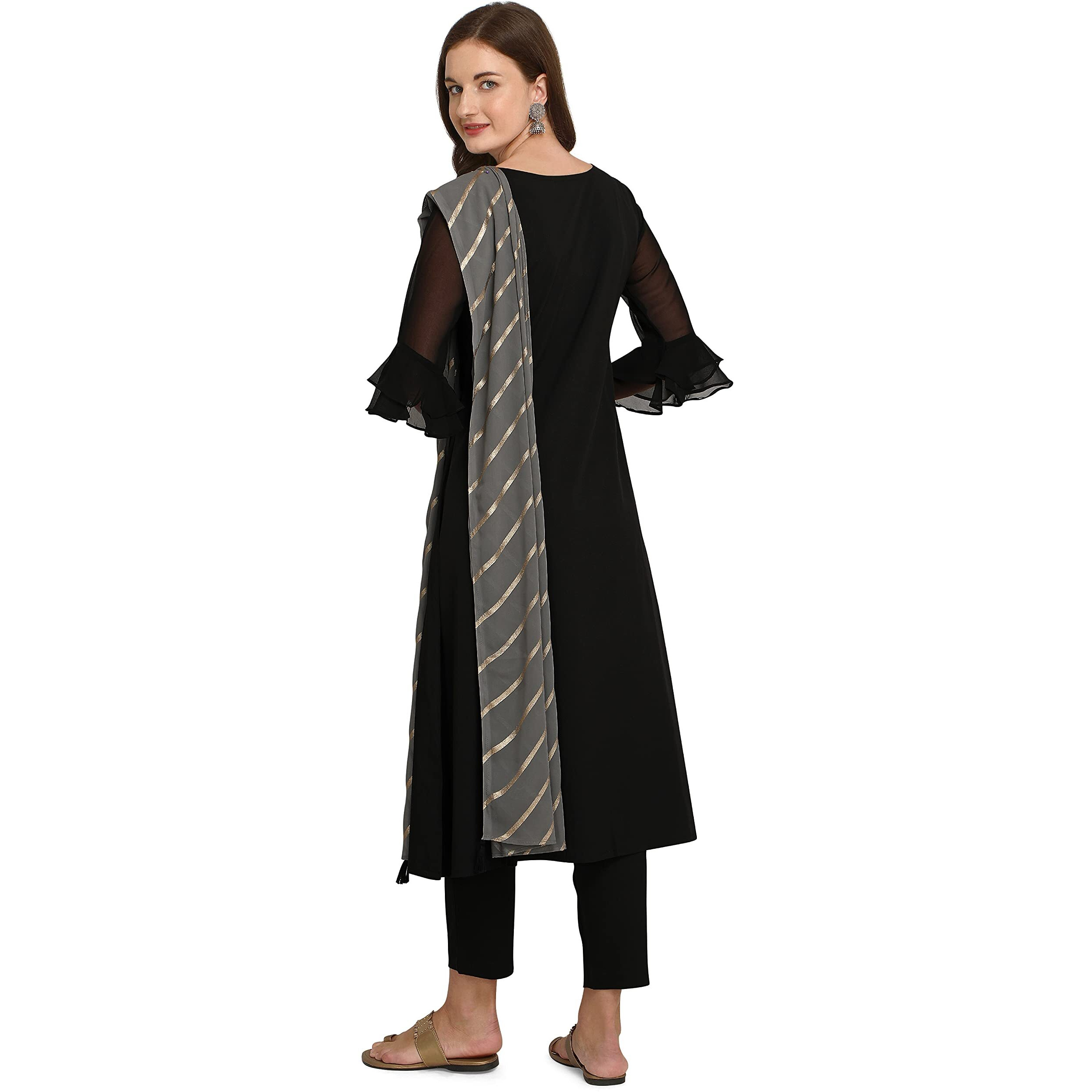 Fiorra Women's Black Poly Crepe A-Line Kurta With Pant And Dupatta Set0012-L