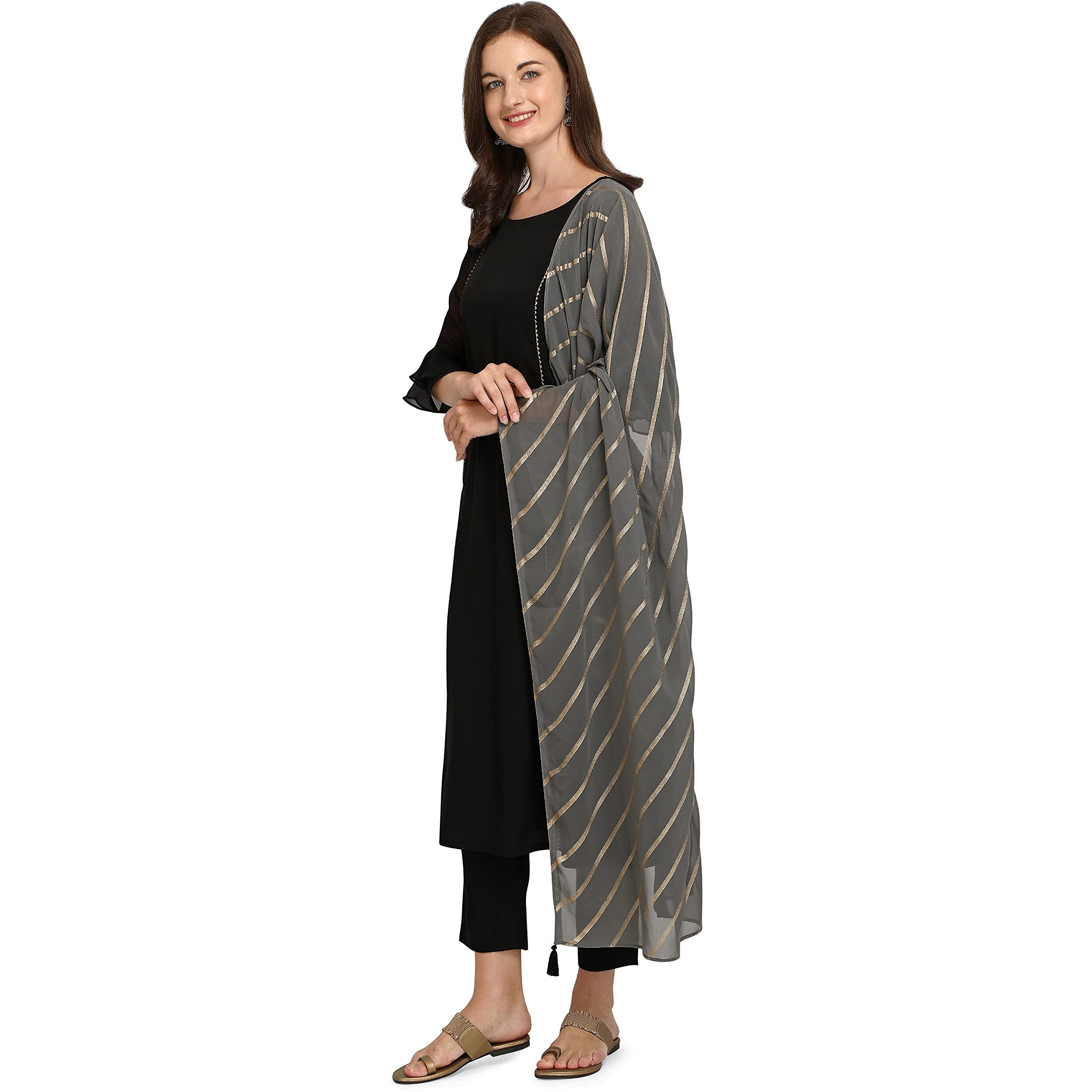 Fiorra Women's Black Poly Crepe A-Line Kurta With Pant And Dupatta Set0012-L