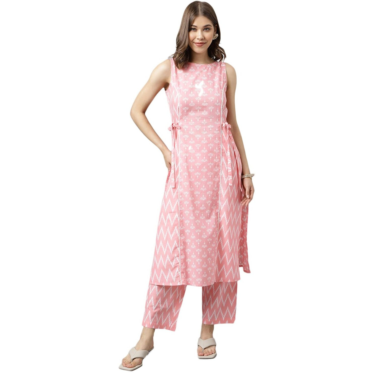 Fiorra Women's Baby Pink Cotton A-Line Kurta With Pant Set0094