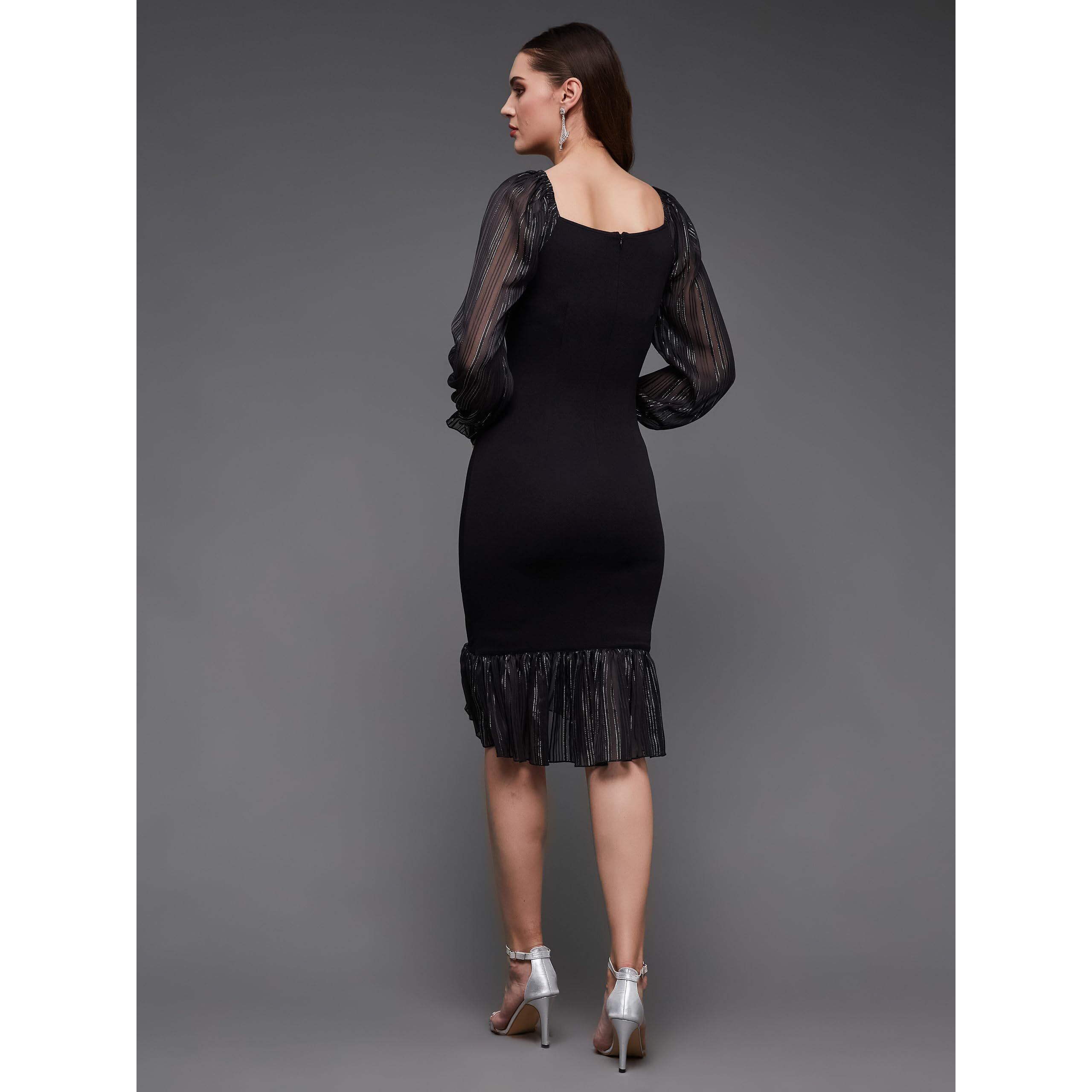 Miss Chase Women's Square Puff Sleeve Solid Ruching Midi Dress(Mcss23D98-34-62-03, Black, S)