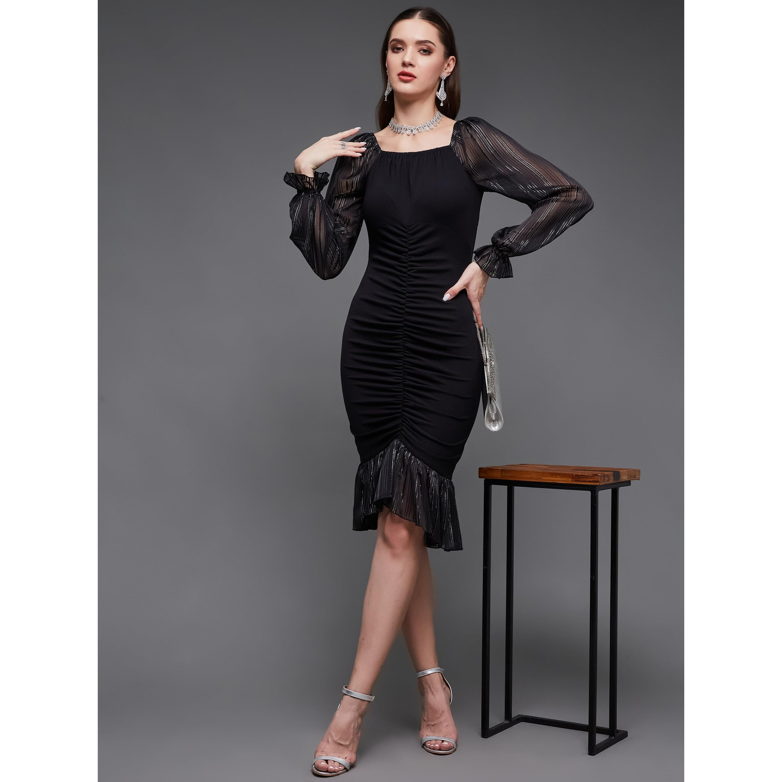 Miss Chase Women's Square Puff Sleeve Solid Ruching Midi Dress(Mcss23D98-34-62-03, Black, S)