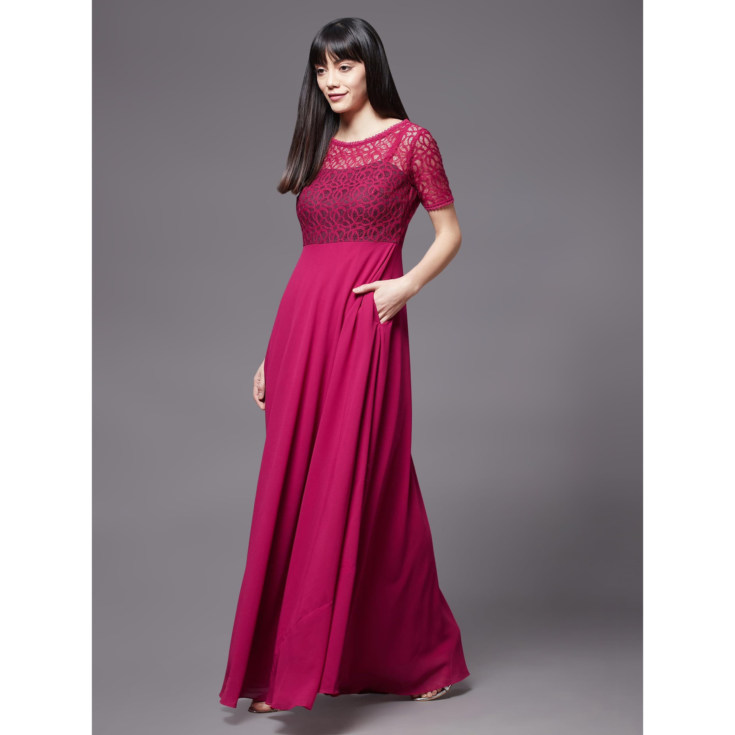 Miss Chase Women's Dark Pink Round Neck Half Sleeve Solid Lace Overlaid Maxi Dress (Mcaw21D06-32-23-03, Dark Pink, S)