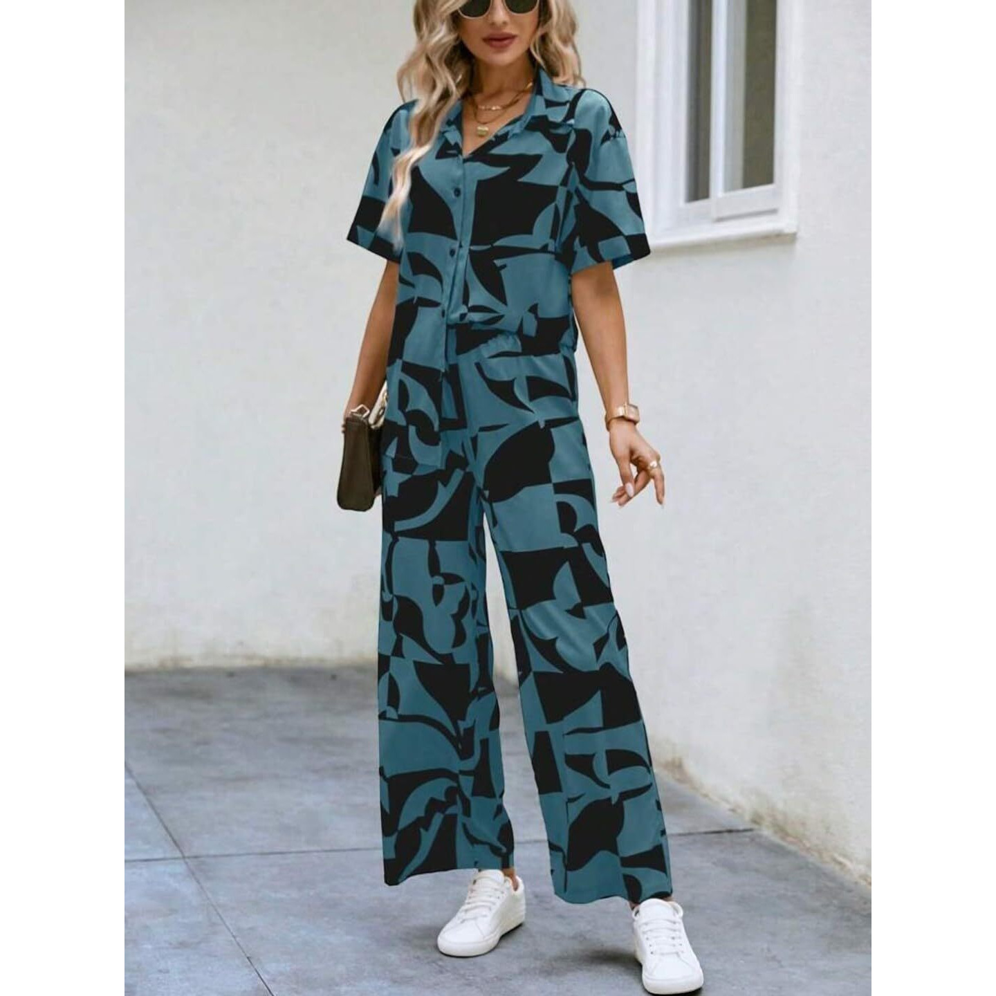 Gufrina Women's Trendy Teal And Black Printed Co-Ord Set - Stylish Short Sleeve Shirt And Wide-Leg Pants (Teal Xl)