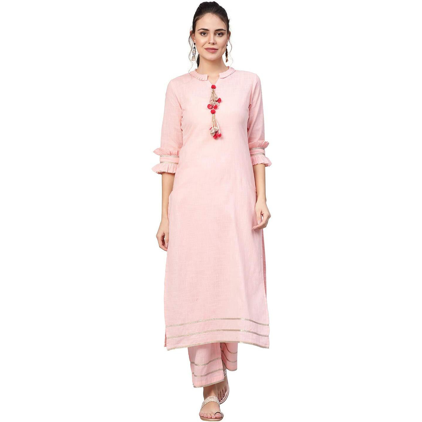 Idalia Women's Baby Pink Solid Cotton Kurta Set With Palazzo Pant