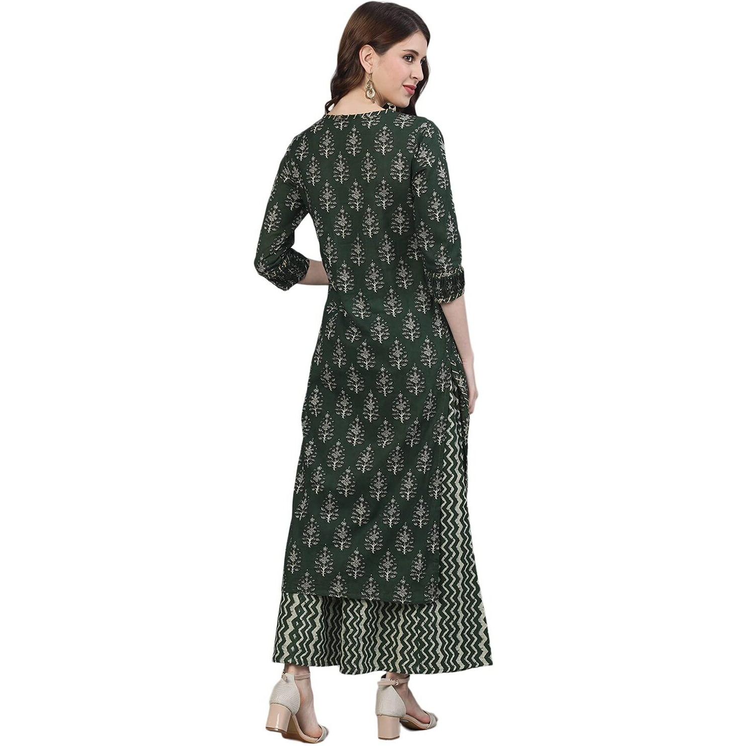 Ishin Women's Pure Cotton Printed A-Line Kurta Suit Set With Palazzo Emkplpmmp-3012_L_Green
