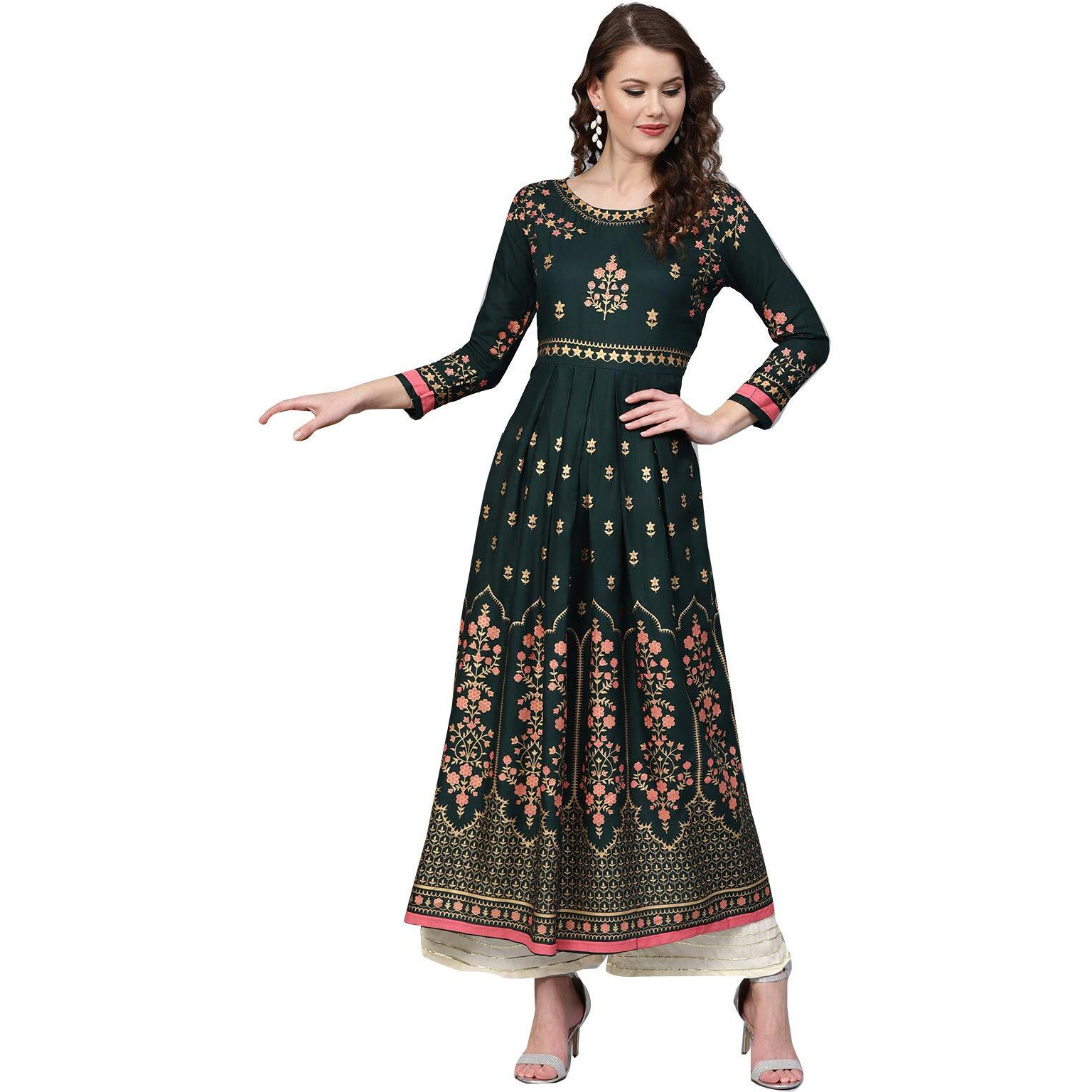 Ishin Women's Rayon Green Printed Anarkali Kurta