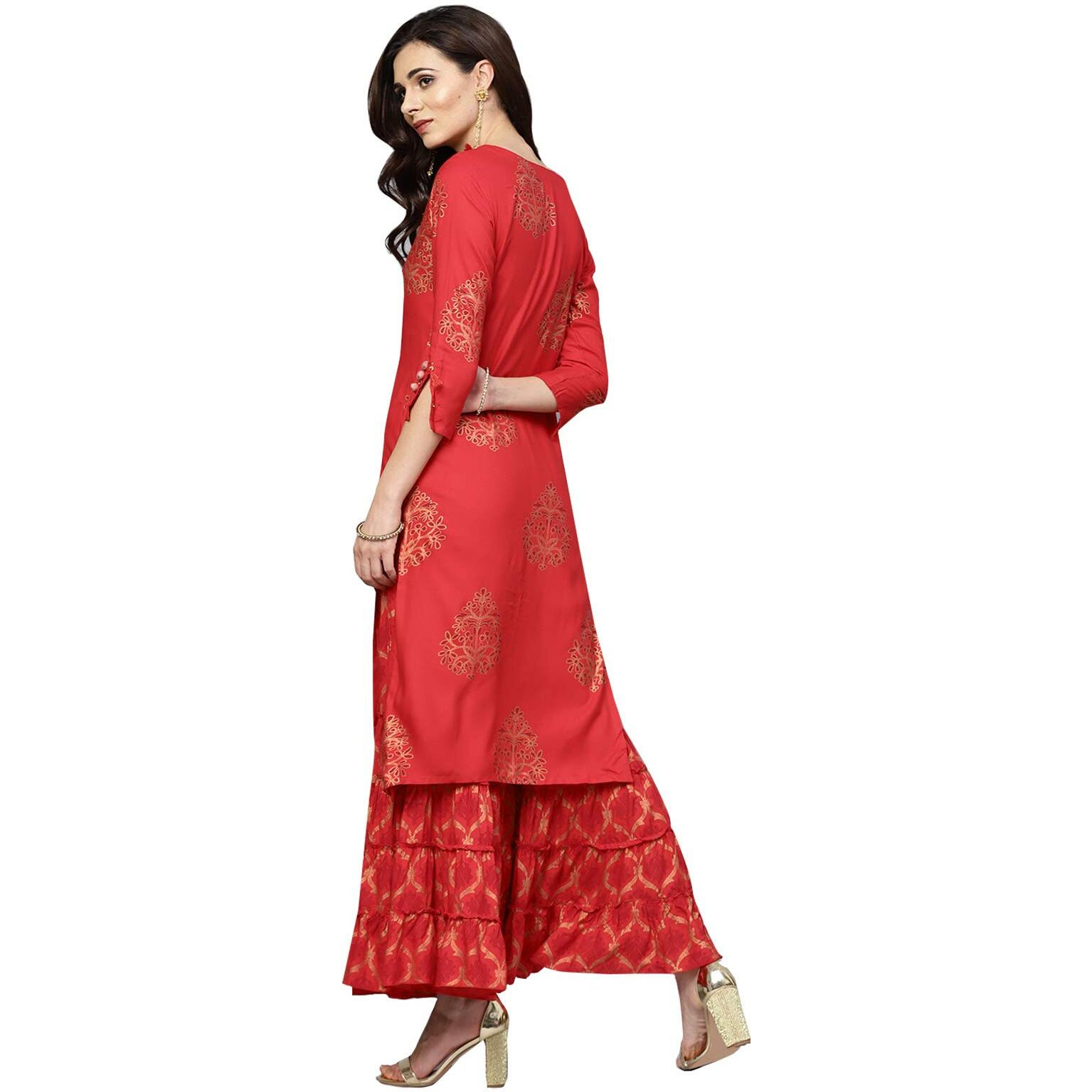 Ishin Women's Rayon Red Foil Printed With Sequin Work A-Line Kurta Sharara Set