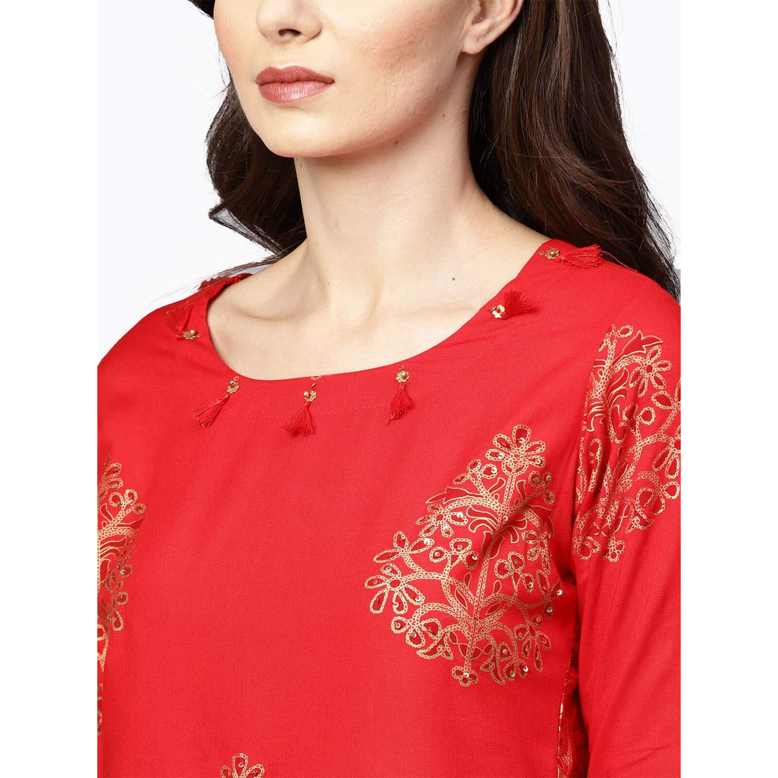 Ishin Women's Rayon Red Foil Printed With Sequin Work A-Line Kurta Sharara Set