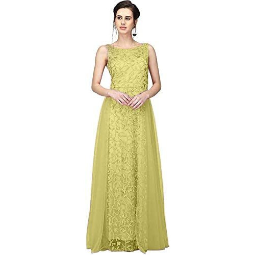 Patlani Women's Net Embroidery Aline-Flered Gown Dress For Women Full Stitched Gown Ready To Wear.(All Over-Musterd-S) Yellow