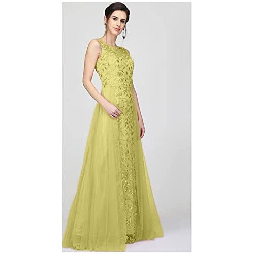 Patlani Women's Net Embroidery Aline-Flered Gown Dress For Women Full Stitched Gown Ready To Wear.(All Over-Musterd-S) Yellow