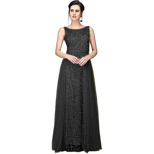 Patlani Women's Net Embroidery Aline-Flered Gown Dress For Women Full Stitched Gown Ready To Wear.(All Over-Black-M)
