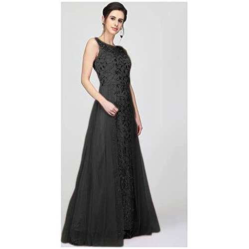 Patlani Women's Net Embroidery Aline-Flered Gown Dress For Women Full Stitched Gown Ready To Wear.(All Over-Black-M)